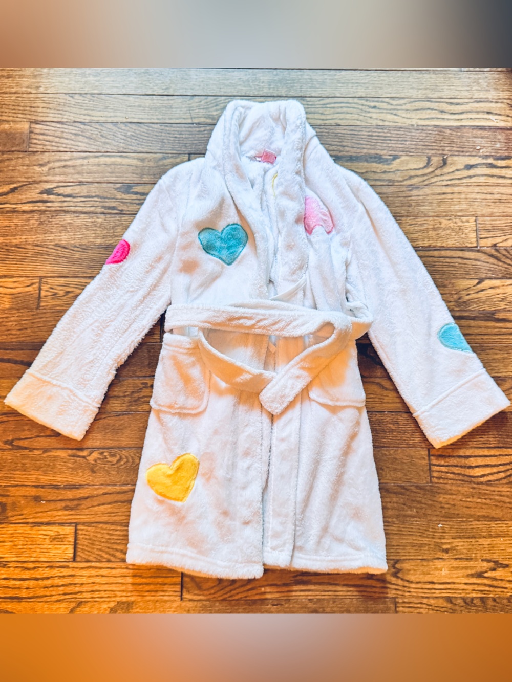 Xhilaration Cream Plush Kids Robe with Pink, Blue & Yellow Heart Appliqués